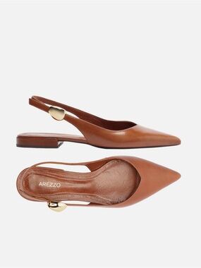 Arezzo Farrah Leather Slingback Flats Cognac Brown Pointed Toe Size 6.5 NWOB
